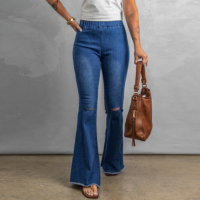 Hohe Taille, elastischer, zerrissener Saum, ungesäumte, ausgestellte Jeans