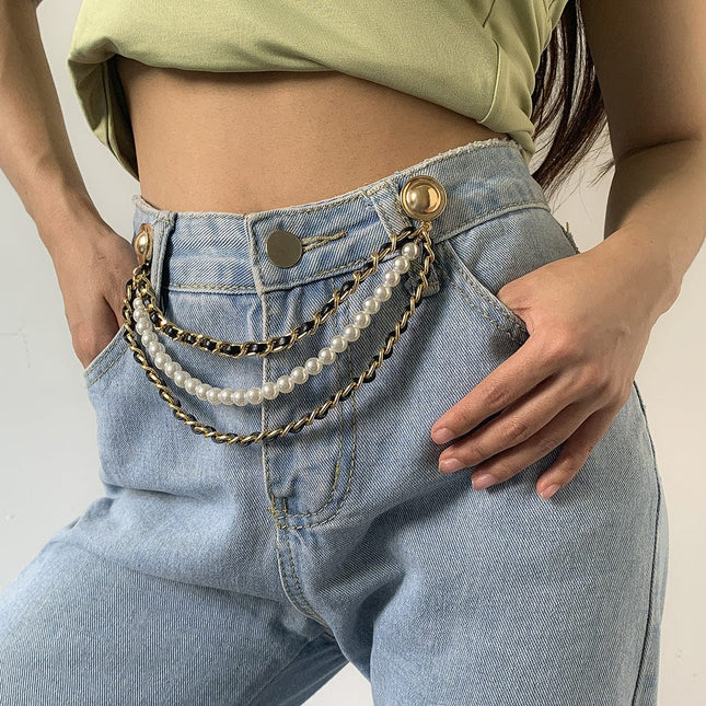 Samtkette Faux Pearl Taillenkette Statement Jeans Accessoire