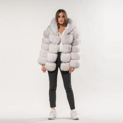 Wholesale Women's Faux Fur Fox Fur Hooded Mid Length Fur Zipper Jacket