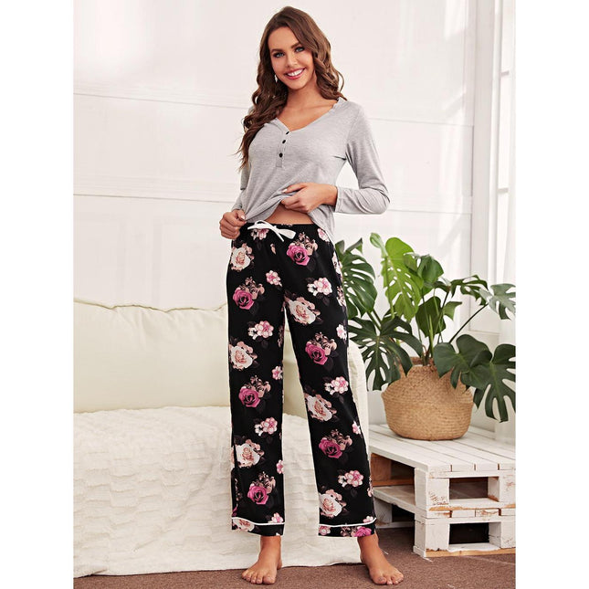 Long Sleeve Top Flower Pattern Trousers Loungewear Pajama Set