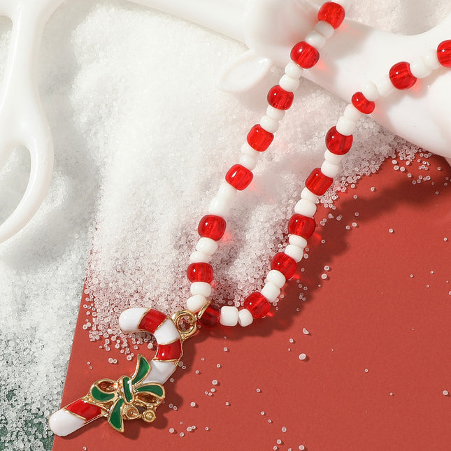 Collar de cadena de clavícula de caña de cuentas de arroz rojo de regalo de Navidad