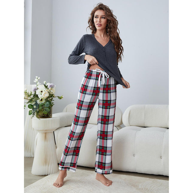 Damen-Pyjamas Langarm-Plaid-Homewear-Set