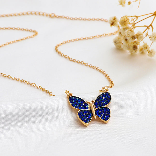 Rhinestone Butterfly Necklace Fashion Blue Pendant Clavicle Chain
