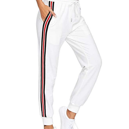 Wholesale Women's Casual Sprots Side Red and White Stripe Drawstring Joggers