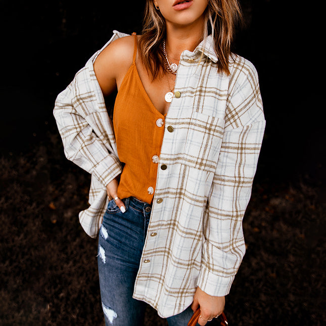 Camisa de lana de manga larga con bolsillo a cuadros de otoño invierno