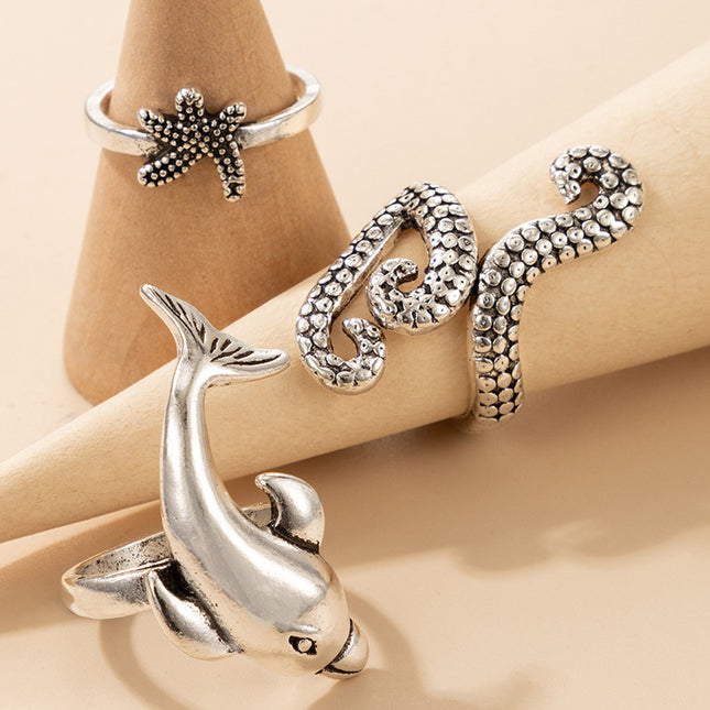 Calamar, estrella de mar, delfín, lindo animal, conjunto de 3 anillos de plata