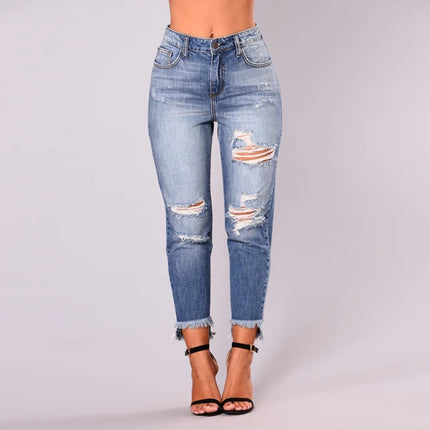 Wholesale Women's Ripped Irregular Hem Crop Jeans