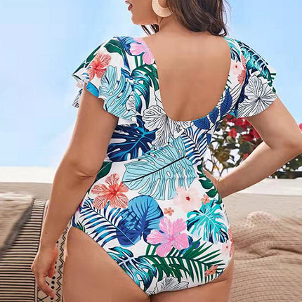 Ladies Plus Size Bikini Print Ruffle Sleeve Swimsuit