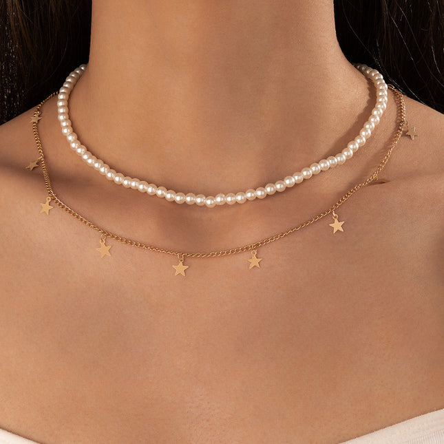 Conjunto de dos piezas de collar de pentagrama geométrico multicapa de perlas