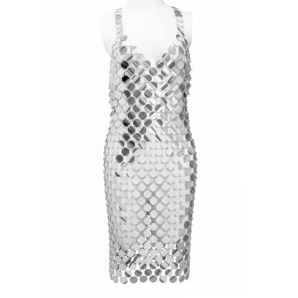 V Neck Sling Dress Sexy Geometric Hollow Sequin Body Chain