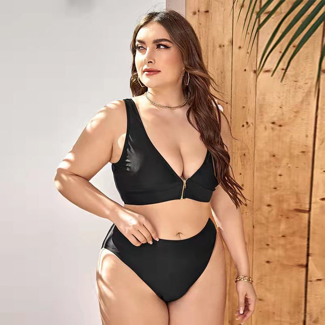 Damen-Badeanzug in Übergröße, solider Bikini mit Reißverschluss und hoher Taille