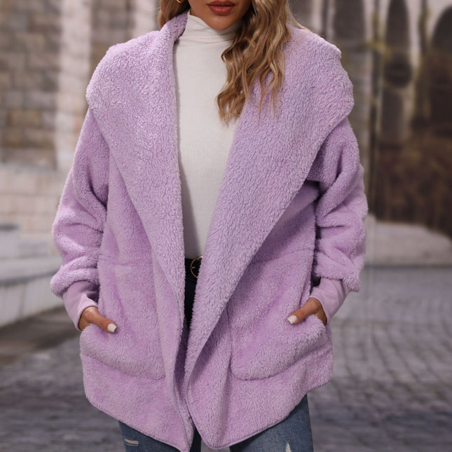 Wholesale Women's Hooded Long Sleeve Buttonless Double Fleece Casual Coat
