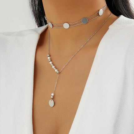 Wholesale Simple Metal Sequin Thin Chain Necklace Pearl Necklace