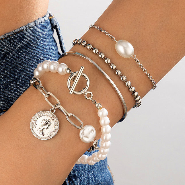 Pearl Character Head Round Bead One Word Buckle Bracelet Chain
