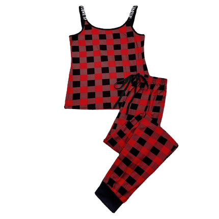Ladies Homewear Red Check Suspenders Trousers Pajamas Set