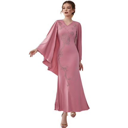 Langes Kleid mit besticktem V-Ausschnitt und Dolman-Ärmeln für Damen