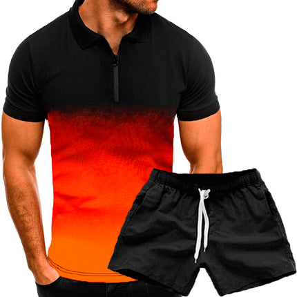 Wholesale Men's Summer Casual Lapel Gradient Short Sleeve Polo Shirt Shorts Two Piece Set