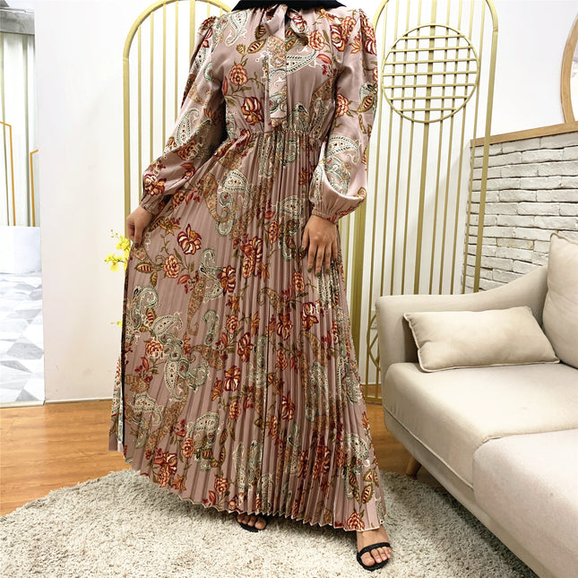 Fashion Printed Pleated Swing Long Muslim Ladies Dress