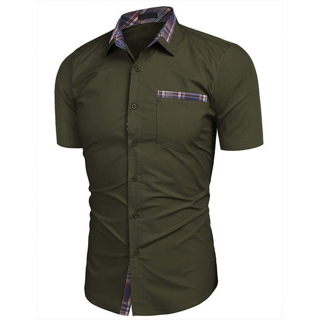 Wholesale Men's Summer Business Solid Cotton Plaid Short Sleeve Shirt