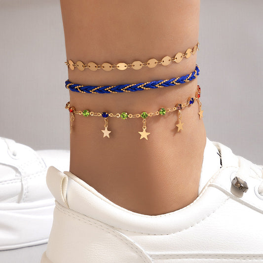 Cord Braided Stars and Rhinestone Three-tier Anklet