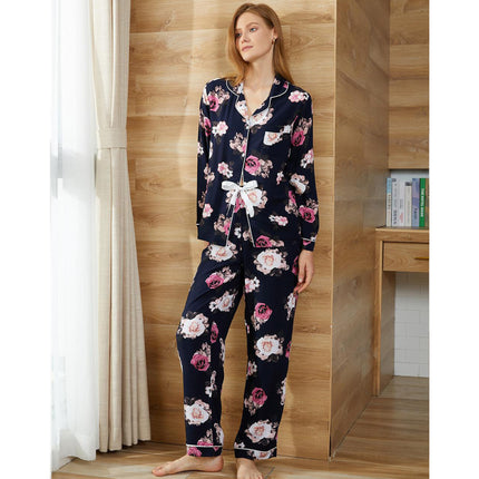 Pyjama Strickjacke Blumenmuster Langarm Loungewear Set