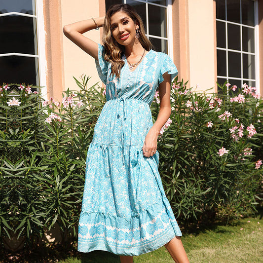 Wholesale Women's Summer Printed Ruffle Sleeves V-Neck Resort Midi Dress