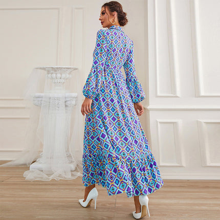 Wholesale Ladies Long Sleeve Retro Narrow Waist Printed Long Dress