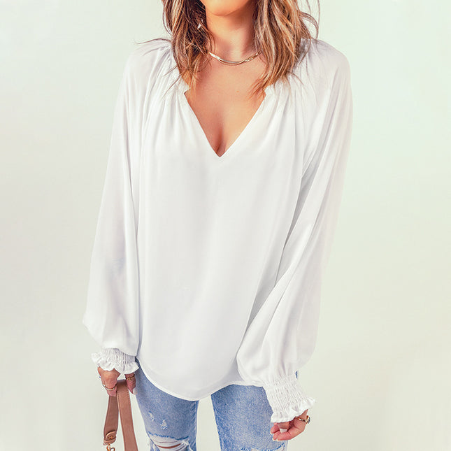 Wholesale Women's V-neck Long Sleeve Solid Color Chiffon Shirt