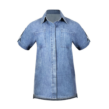 Wholesale Women's Short Sleeve Denim Shirt Straight Pocket Loose Top