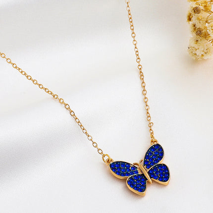 Rhinestone Butterfly Necklace Fashion Blue Pendant Clavicle Chain