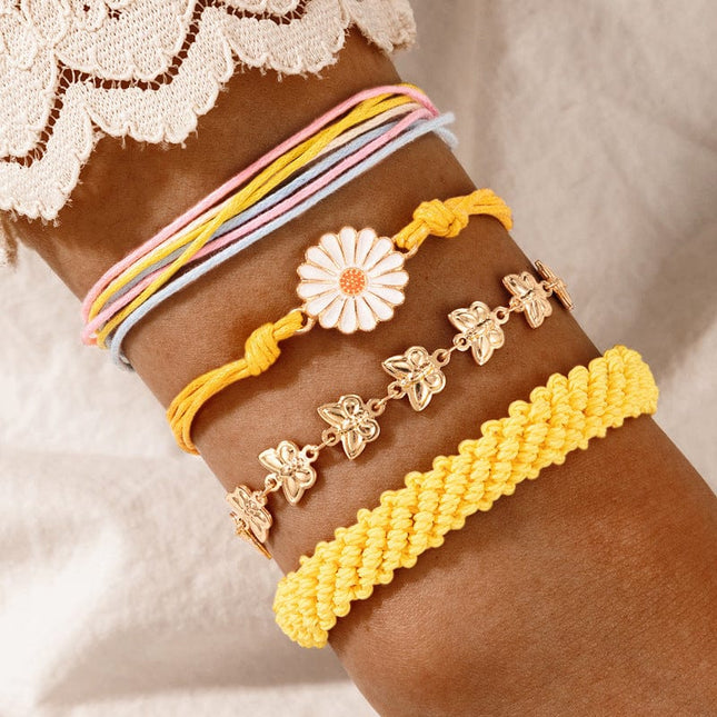 Gelbes Gänseblümchen geflochtenes Armband-Set Schmetterling Verstellbares vierteiliges Set