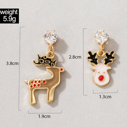 Christmas Elk Drop Oil Asymmetric Animal Rhinestone Earrings