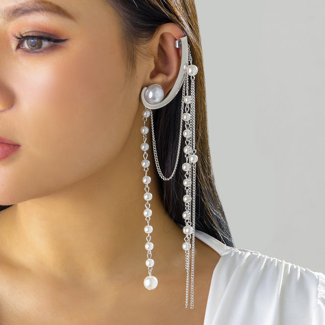 Wholesale Pearl Chain Tassel Stud Earrings Metal Ear Cuff Earrings