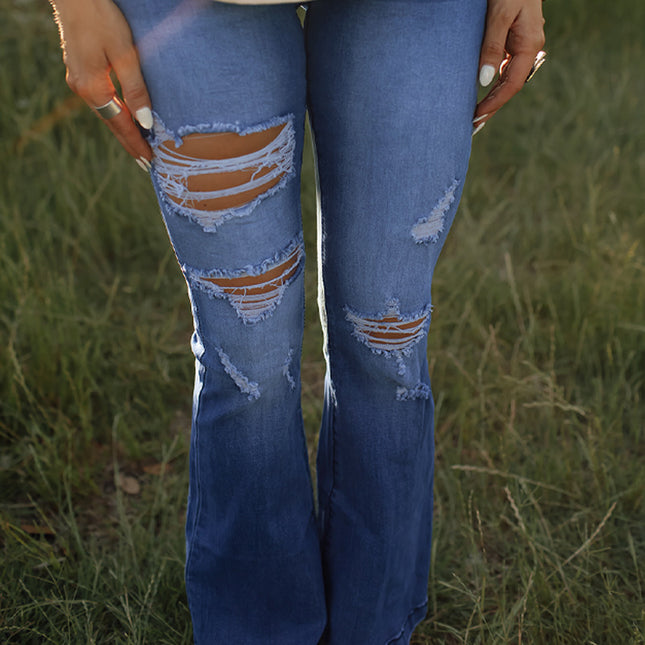 Jeans acampanados rasgados de mezclilla suelta de cintura alta para mujer