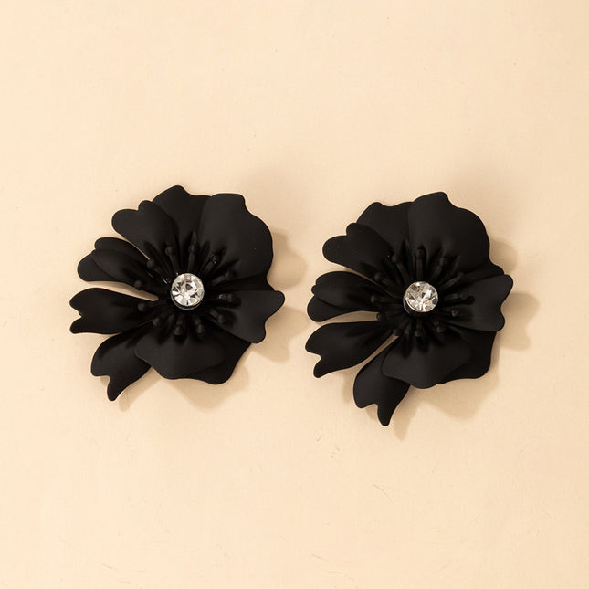 Wholesale Alloy Ladies Black Flower Rhinestone Earrings