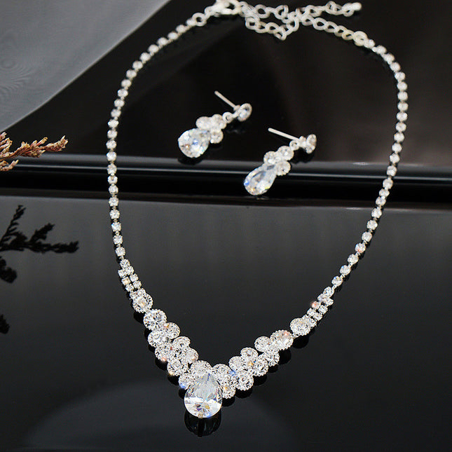 Conjunto de pendientes de collar de gota de agua de circón de diamante completo brillante joyería nupcial de la boda