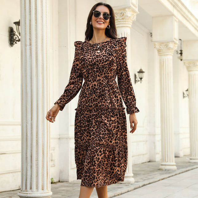 Vestido a media pierna con estampado de leopardo y orejas de madera de otoño para mujer