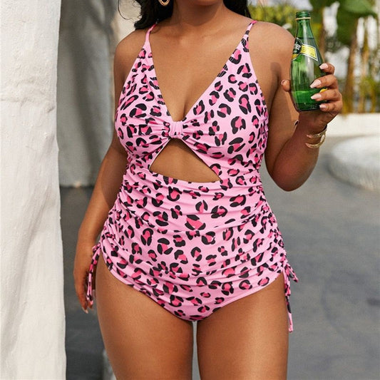 Wholesale Ladies Printed Hollow Ruched Plus Size One-Piece Swimsuit