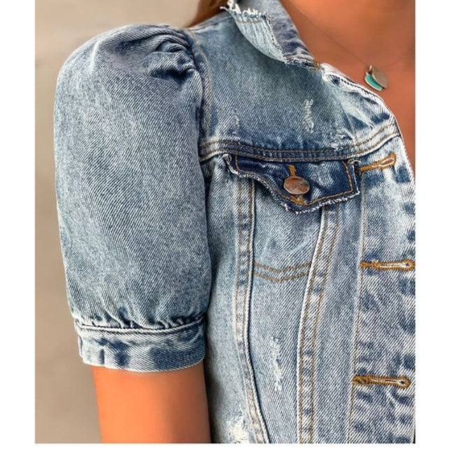Wholesale Women's Spring Summer Washed Frayed Short-sleeved Denim Jacket