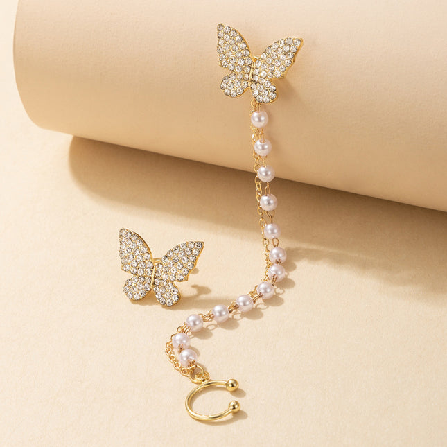 Pendientes de clip de oreja con borla de perla y mariposa de diamantes de imitación