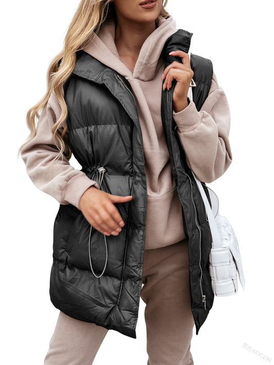 Wholesale Women's Mid-Length Drawstring Pocket Zipper Padded Vest