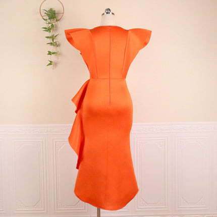 Wholesale Women's V-neck Ruffle Large Size Slim Irregular Hem Dress