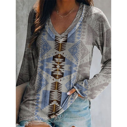 Wholesale Women's Autumn Winter Top Ethnic Printed Long-sleeved T-Shirt
