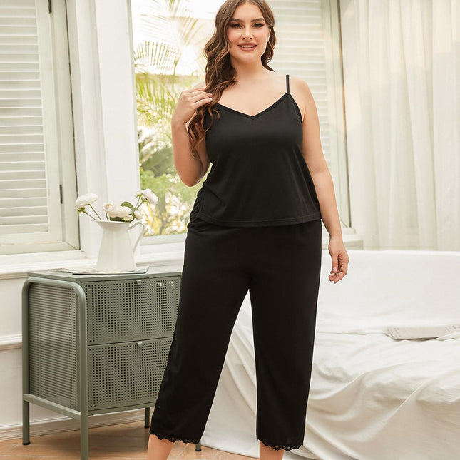 Lotus Root Powder Plus Size Ladies Homewear Suspender Pajamas Set