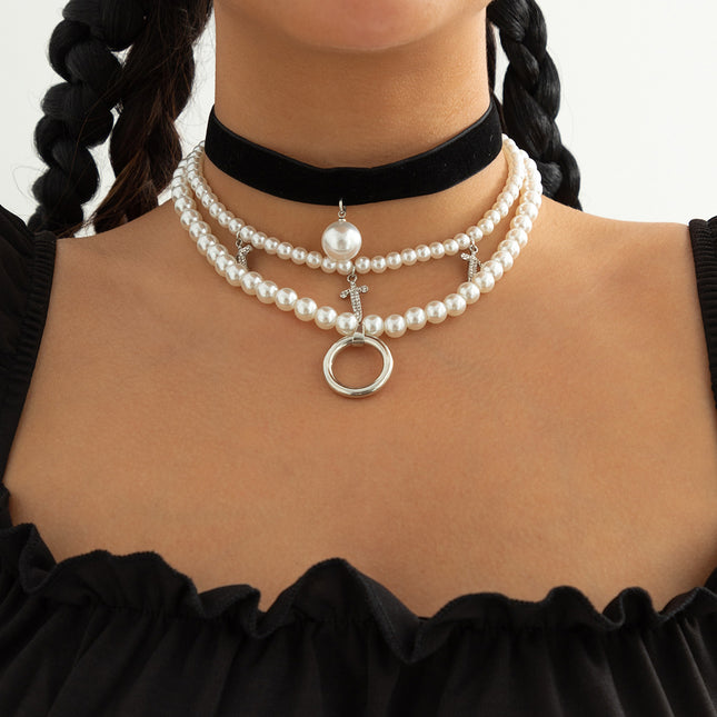 Rhinestone Dagger Necklace Pearl Multilayer Necklace