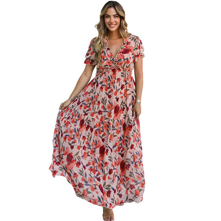 Wholesale Women's Printed Deep V Neck Ruffle Puff Sleeve Floral Dress
