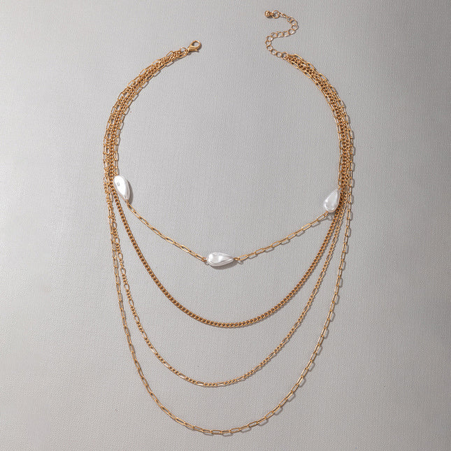 Collar de cuatro capas geométrico irregular de cadena de perlas de moda