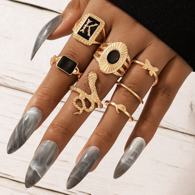 Hollow Out Black Oil Drip V-shaped Ring Seven-Piece Set