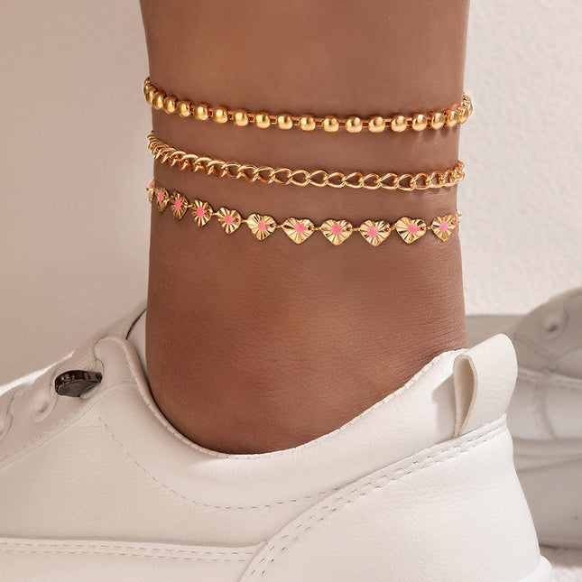 Pink Oil Drops Love Three Layer Anklet