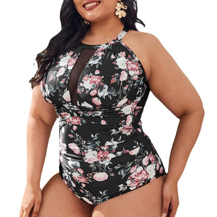 Wholesale Ladies Printed Mesh Stitching Plus Size One-Piece Swimsuit